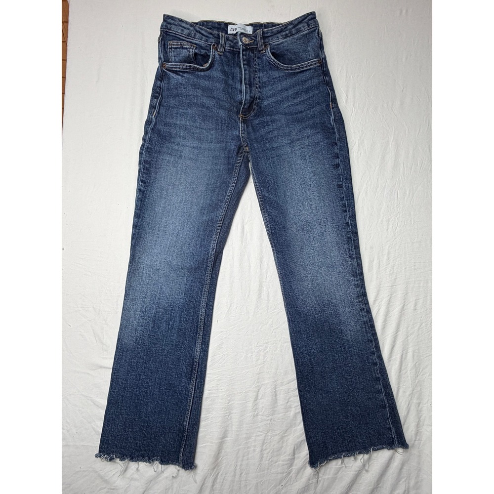 Zara High Waisted Straight Leg Jeans Dark Wash Raw Hem Size 4 US 26 MEX